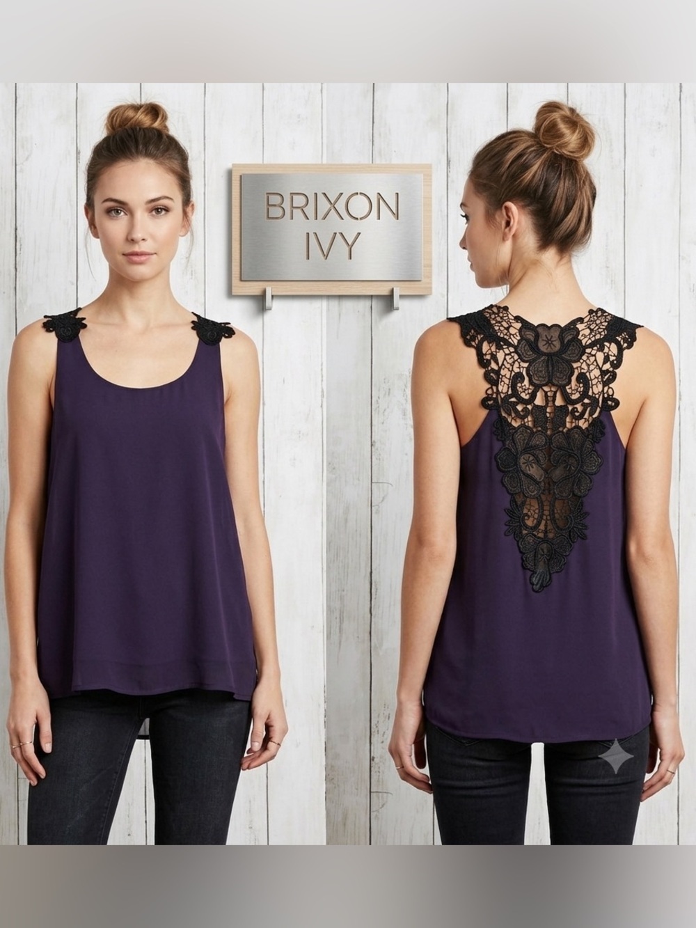 Brixon Ivy Stitch Fix Purple Black Crochet Back Blouse NWT  Small